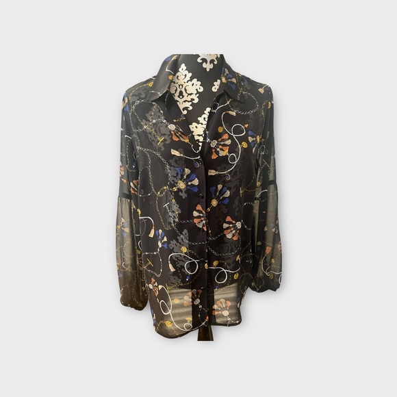 Cabi Womens Victoria Button Up Blouse Size L Sheer Chain Pearl Tassel Print - Picture 2 of 5